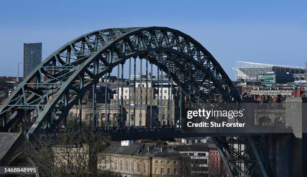 General view of the Tyne Bridge and St James' Park as cup final fever hits the city ahead of Sunday's League Cup Final against Manchester United,...