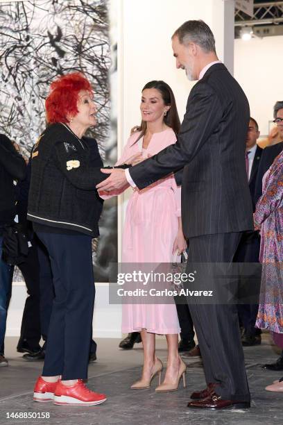 Gallerist Juana de Aizpuru, Queen Letizia of Spain and King Felipe VI of Spain during the inauguration of the ARCO Art Fair 2023 at Ifema on February...