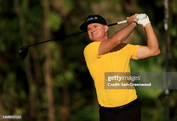 Brian Gay of the United States hits his first shot on the 3rd hole during the first round of The Honda Classic at PGA National Resort And Spa on...