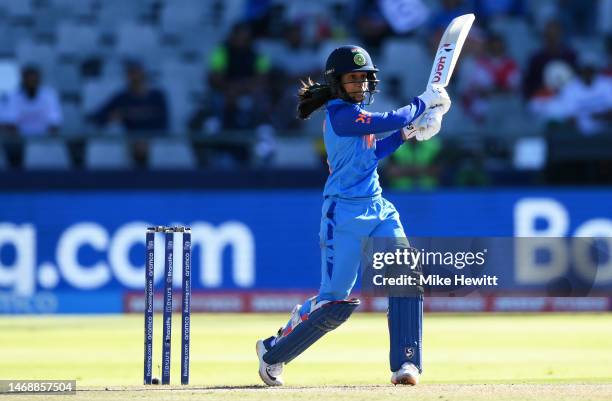 Jemimah Rodrigues of India plays a shot during the ICC Women's T20 World Cup Semi Final match between Australia and India at Newlands Stadium on...