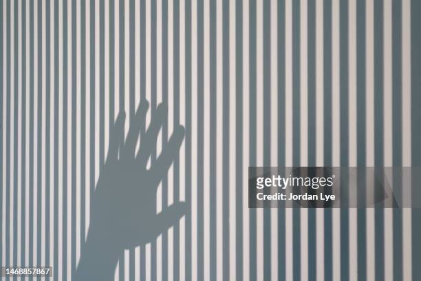 shadow of a hand illuminated by sun against a white wall. - 鉄格子 ストックフォトと画像