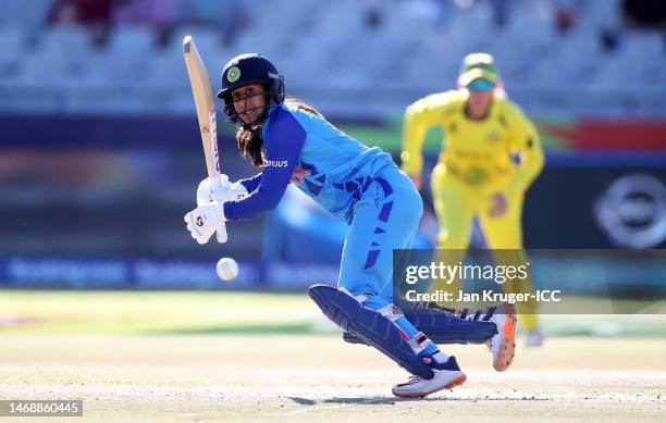 Jemimah Rodrigues of India plays a shot during the ICC Women's T20 World Cup Semi Final match between Australia and India at Newlands Stadium on...