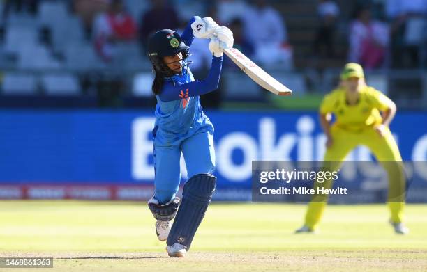 Jemimah Rodrigues of India plays a shot during the ICC Women's T20 World Cup Semi Final match between Australia and India at Newlands Stadium on...