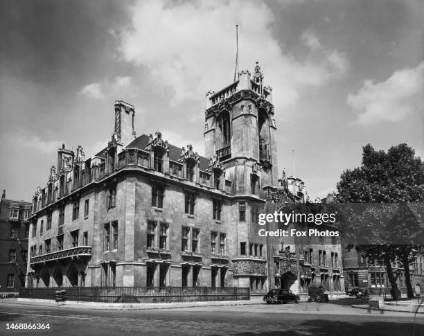 An exterior view of Middlesex Guildhall, housing the administrative and court centre for Middlesex County Council, in Parliament Square, London,...