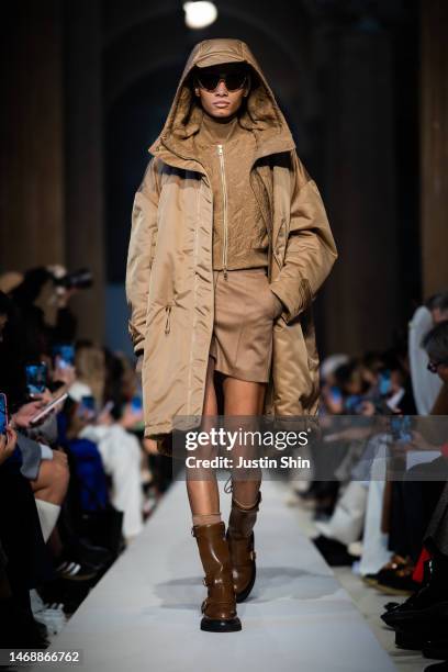 Model walks the runway at the Max Mara fashion show during the Milan Fashion Week Womenswear Fall/Winter 2023/2024 on February 23, 2023 in Milan,...