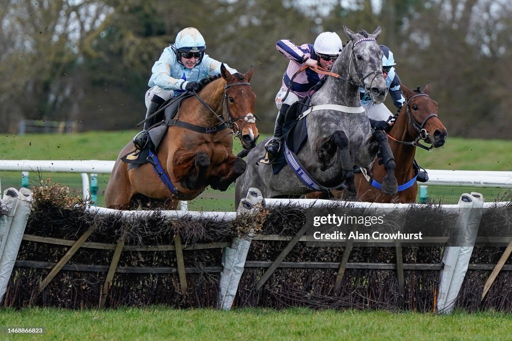 Huntingdon Races Jonjo O'Neill Jr riding Blue Shark clear the last to win The Join ...