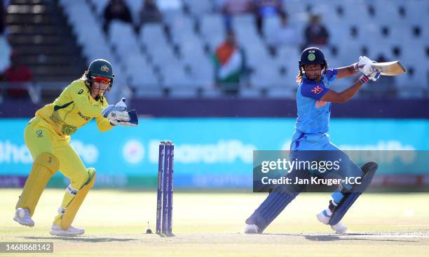 Harmanpreet Kaur of India plays a shot during the ICC Women's T20 World Cup Semi Final match between Australia and India at Newlands Stadium on...