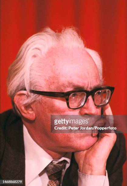 British Labour Party politician and Leader of the Opposition, Michael Foot attends a press conference during canvassing in the 1982 Glasgow Hillhead...
