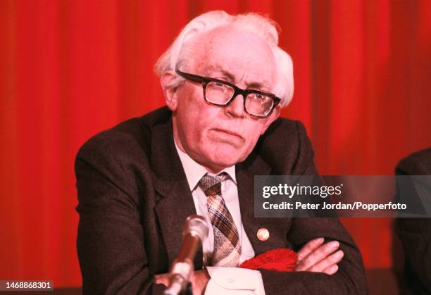 British Labour Party politician and Leader of the Opposition, Michael Foot attends a press conference during canvassing in the 1982 Glasgow Hillhead...