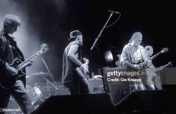 Neil Young and Pearl Jam, Neil Young, Jeff Ament, Stone Gossard, Mike McCready, Pukkelpop Festival, Hasselt, Belgium, 25th August 1995.