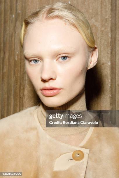 Vilma Sjöberg poses backstage at the Max Mara fashion show during the Milan Fashion Week Womenswear Fall/Winter 2023/2024 on February 23, 2023 in...