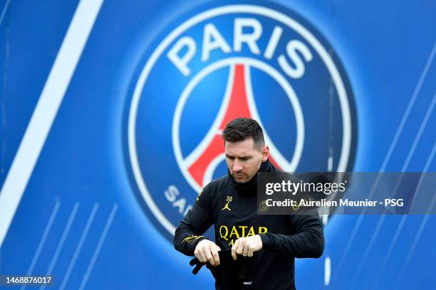 Leo Messi looks on during a Paris Saint-Germain training session on February 23, 2023 in Paris, France.