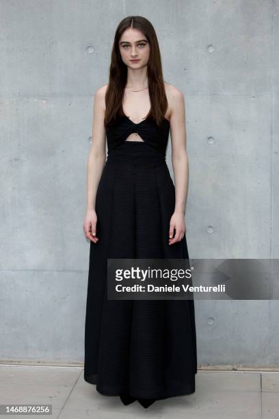 Raffey Cassidy is seen on the front row of the Emporio Armani fashion show during the Milan Fashion Week Womenswear Fall/Winter 2023/2024 on February...