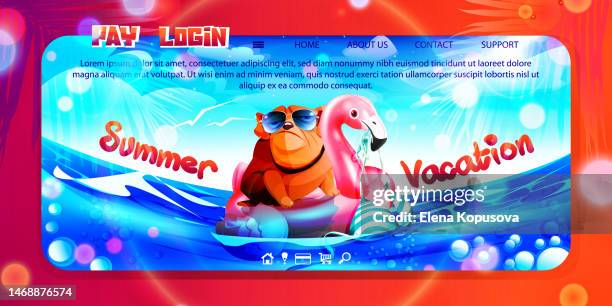 beach holiday web template in cartoon style. an inflatable pink flamingo with a sunbathing bulldog on the water against the backdrop of a summer sunny tropical landscape. - inflatable flamingo stock illustrations