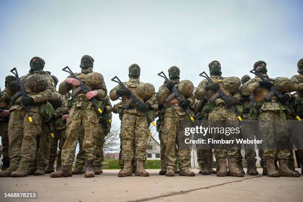 Ukrainian soldiers prepare for the service, on February 23, 2023 near Salisbury, England. Ahead of tomorrow's anniversary of the Russian Invasion of...