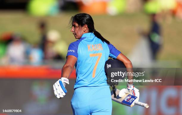 Harmanpreet Kaur of India makes their way off after being dismissed during the ICC Women's T20 World Cup Semi Final match between Australia and India...