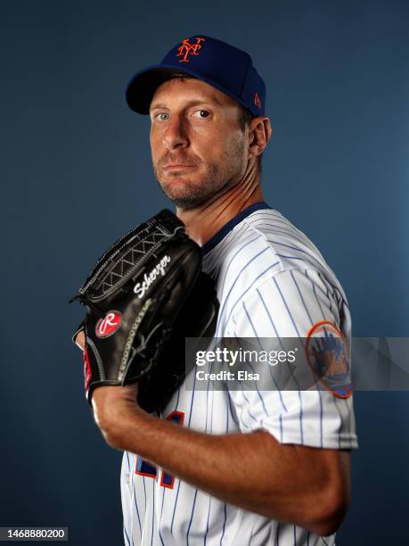 Max Scherzer the New York Mets poses for a portrait during New York Mets Photo Day at Clover Park on February 23, 2023 in Port St. Lucie, Florida.