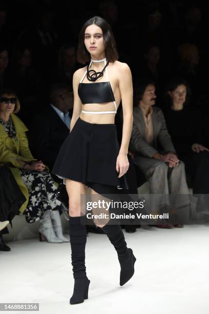 Model walks the runway at the Emporio Armani fashion show during the Milan Fashion Week Womenswear Fall/Winter 2023/2024 on February 23, 2023 in...