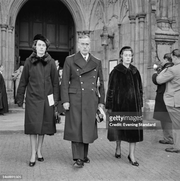 Lady Brabourne, Earl Mountbatten and Lady Pamela Hicks attend the memorial service for Lady Mountbatten at Westminster Abbey, London, March 7th 1960.