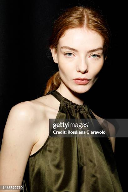 Alyda Grace poses backstage at the Max Mara fashion show during the Milan Fashion Week Womenswear Fall/Winter 2023/2024 on February 23, 2023 in...