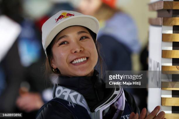 Sara Takanashi of Japan smiles after completing a jump in the Ski Jumping Women's Individual HS100 at the FIS Nordic World Ski Championships Planica...