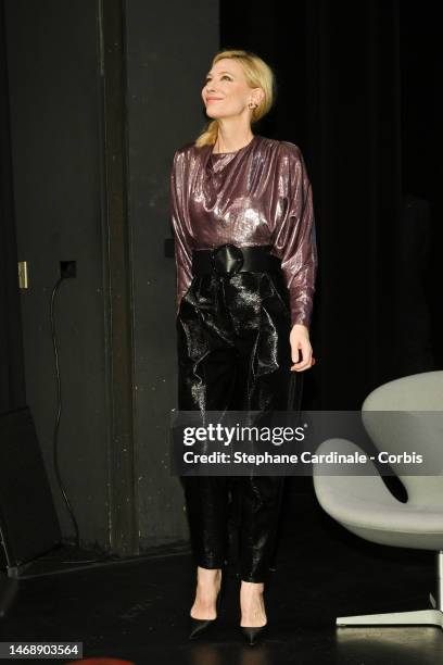 Cate Blanchett attends the Berlinale Talent Talk "Grand Orchestra: Conducting TÁR" during the 73rd Berlinale International Film Festival at HAU...