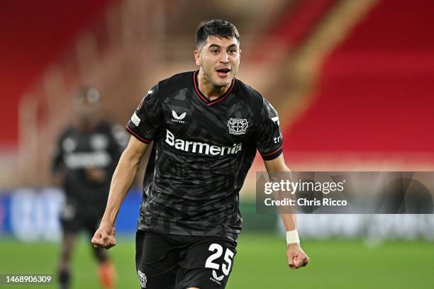 Exequiel Palacios of Bayer 04 Leverkusen celebrates after scoring the team's second goal during the UEFA Europa League knockout round play-off leg...