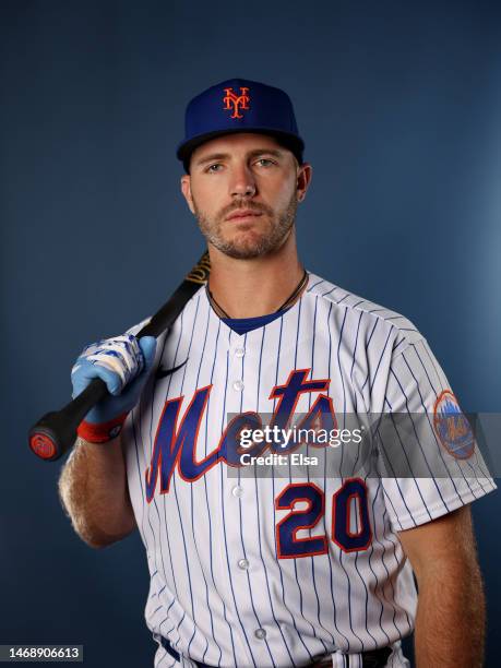 Pete Alonso of the New York Mets poses for a portrait during New York Mets Photo Day at Clover Park on February 23, 2023 in Port St. Lucie, Florida.