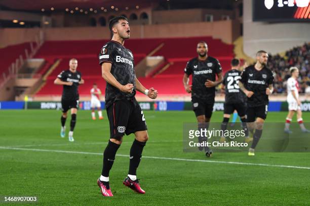 Exequiel Palacios of Bayer 04 Leverkusen celebrates after scoring the team's second goal during the UEFA Europa League knockout round play-off leg...
