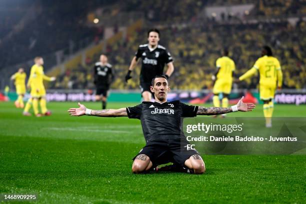 Angel Di Maria of Juventus celebrates after scoring his team's first goal during the UEFA Europa League knockout round play-off leg two match between...