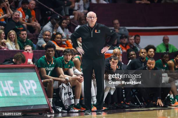 Head coach Jim Larranaga of the Miami Hurricanes in the first half during a game against the Miami Hurricanes at Cassell Coliseum on February 21,...