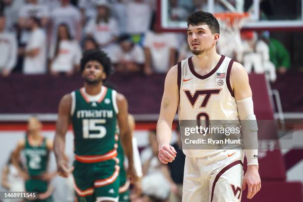 Hunter Cattoor of the Virginia Tech Hokies in the first half during a game against the Miami Hurricanes at Cassell Coliseum on February 21, 2023 in...