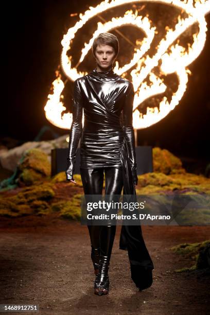 Model walks the runway at the Blumarine fashion show during the Milan Fashion Week Womenswear Fall/Winter 2023/2024 on February 23, 2023 in Milan,...