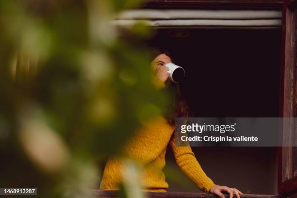woman looking out the window while enjoying a cup of coffee in a wooden cabin - redneck woman stock pictures, royalty-free photos & images