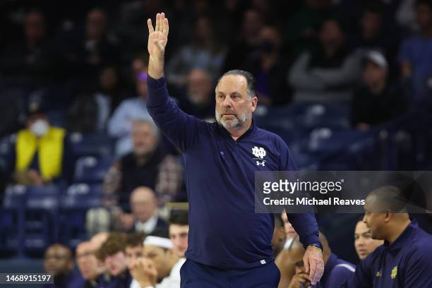 Head coach Mike Brey of the Notre Dame Fighting Irish reacts against the North Carolina Tar Heels during the second half at Purcell Pavilion at the...