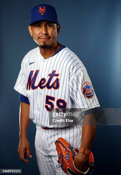 Carlos Carrasco of the New York Mets poses for a portrait during New York Mets Photo Day at Clover Park on February 23, 2023 in Port St. Lucie,...