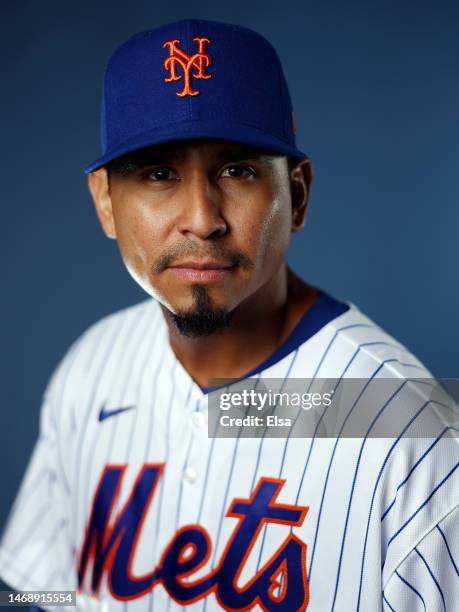 Carlos Carrasco of the New York Mets poses for a portrait during New York Mets Photo Day at Clover Park on February 23, 2023 in Port St. Lucie,...