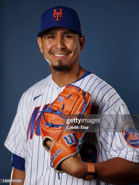 Carlos Carrasco of the New York Mets poses for a portrait during New York Mets Photo Day at Clover Park on February 23, 2023 in Port St. Lucie,...