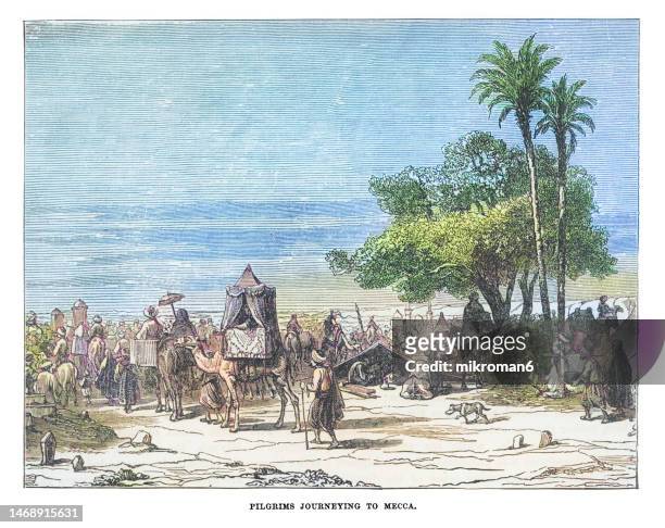 old engraved illustration of pilgrims journeying to mecca, the hajj, annual islamic pilgrimage to mecca, saudi arabia, the holiest city for muslims - makkah mosque stockfoto's en -beelden