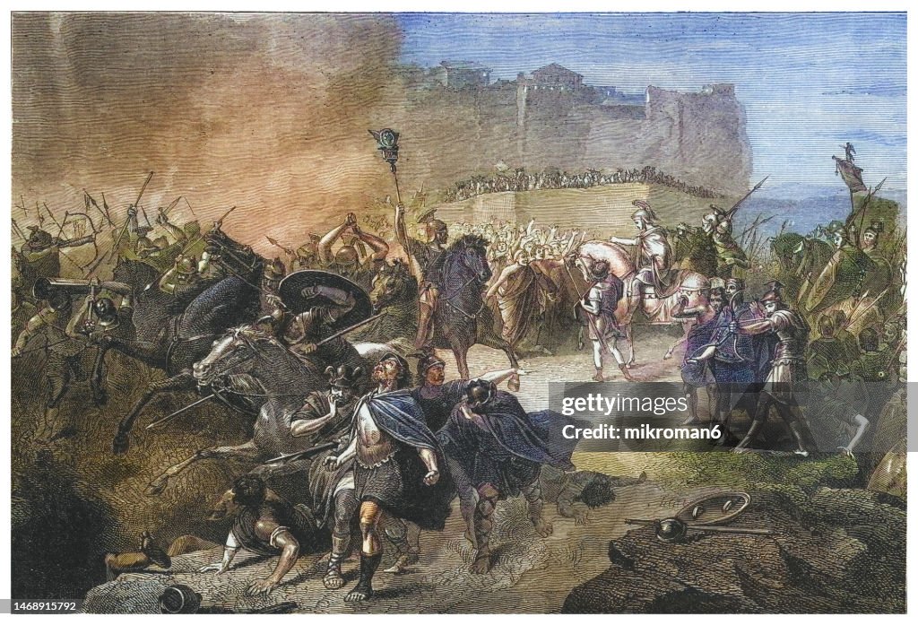 Old engraving illustration of Byzantine Roman General Belisarius enters Rome -576