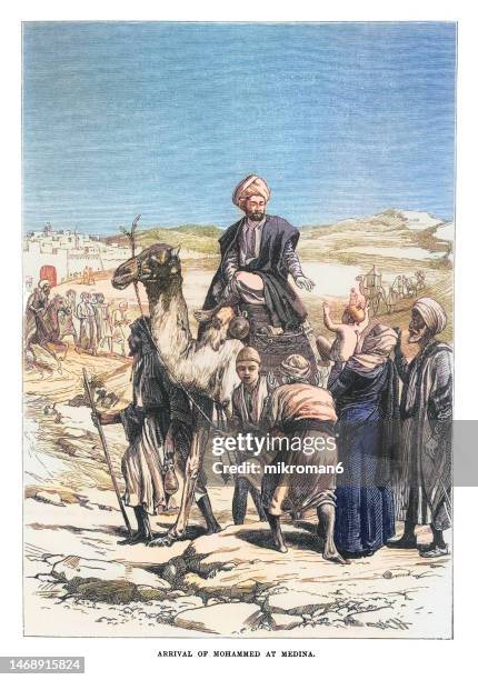 old engraved illustration of arrival of muhammad at medina - muhammad prophet stock pictures, royalty-free photos & images