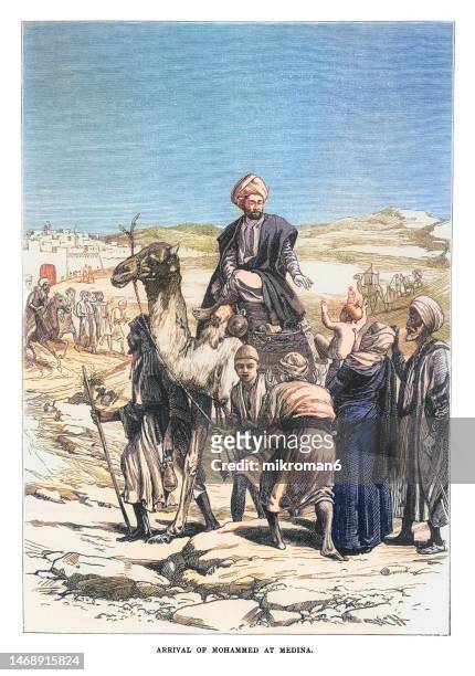 old engraved illustration of arrival of muhammad at medina - muhammad biblisk person bildbanksfoton och bilder