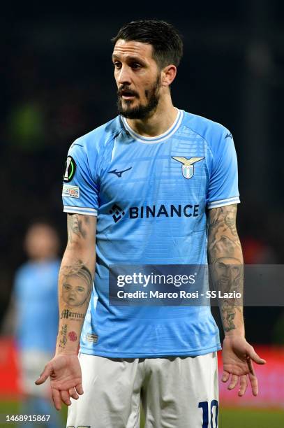Luis Albertoi of SS Lazio reacts during the UEFA Europa Conference League knockout round play-off leg two match between CFR Cluj and SS Lazio at...