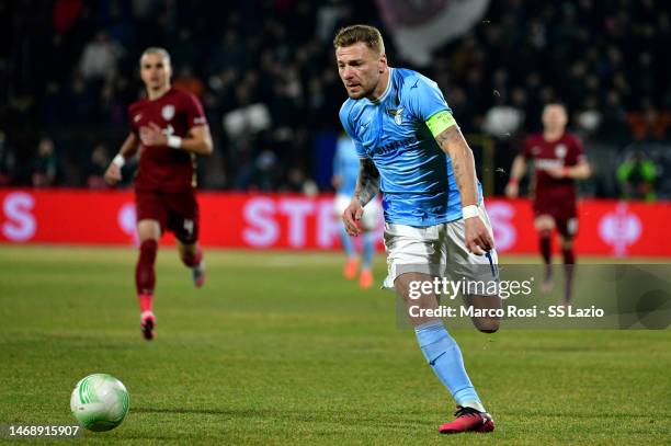 Ciro Immobile of SS Lazio in action during the UEFA Europa Conference League knockout round play-off leg two match between CFR Cluj and SS Lazio at...