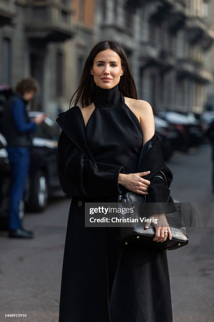 Alex Riviere Style Alex Riviere wears black dress, coat, Hermes bag, black varnished ...