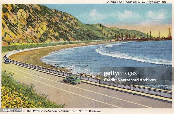 Vintage souvenir postcard, Oil Wells, California Highways series, 1940