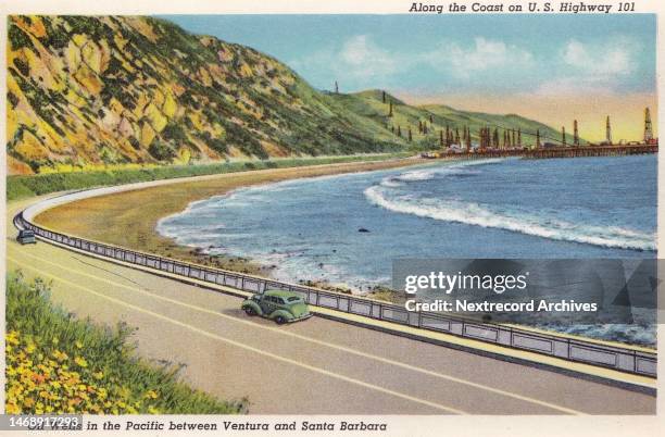 Vintage souvenir postcard published in 1940 as part of the 'California Highways' series, depicting winding Highway 101 along the Pacific Coast...