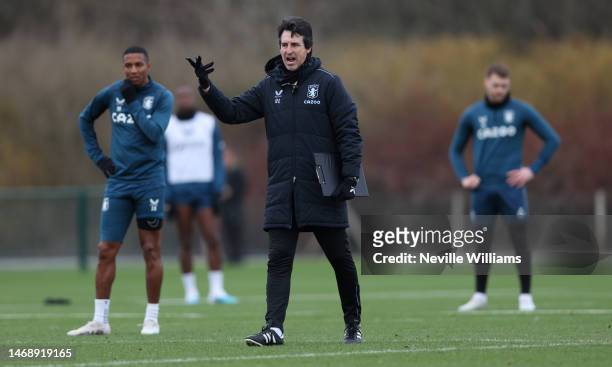 Unai Emery head coach of Aston Villa in action during a training session at Bodymoor Heath training ground on February 23, 2023 in Birmingham,...