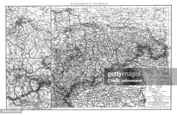 old chromolithograph map of kingdom of saxony, germany - leipzig saxony stock pictures, royalty-free photos & images