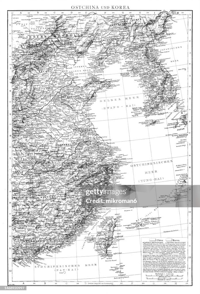 Old chromolithograph map of East China and Korea
